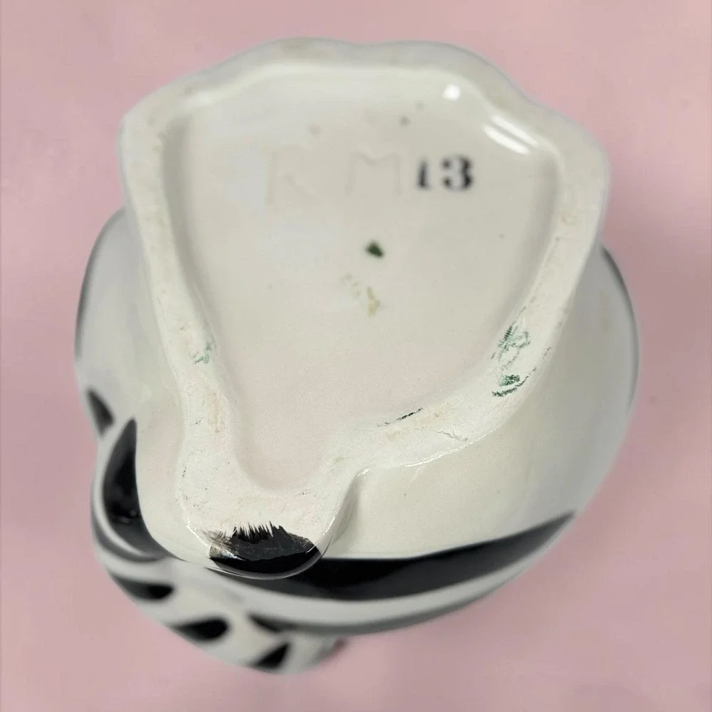 Vintage R. H. Macy & Co Black White Striped Cat Cookie Jar Pink Bow Ceramic